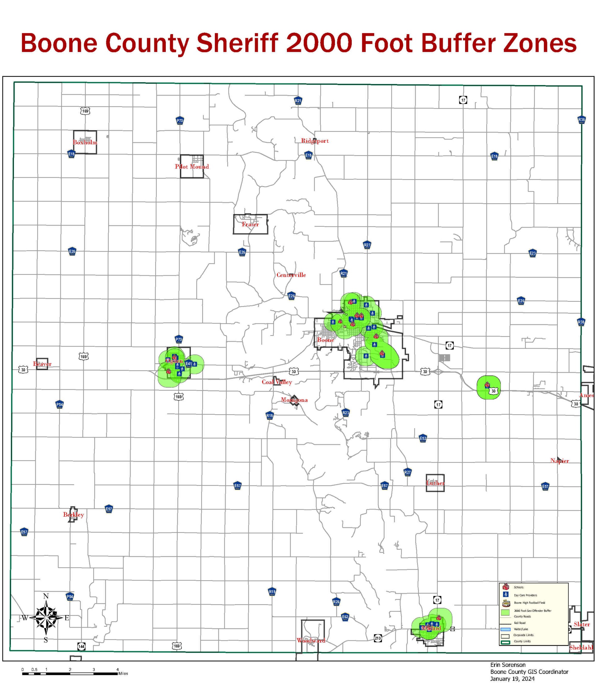 Sex Offender Registry Buffer Zone map for Boone County, Iowa